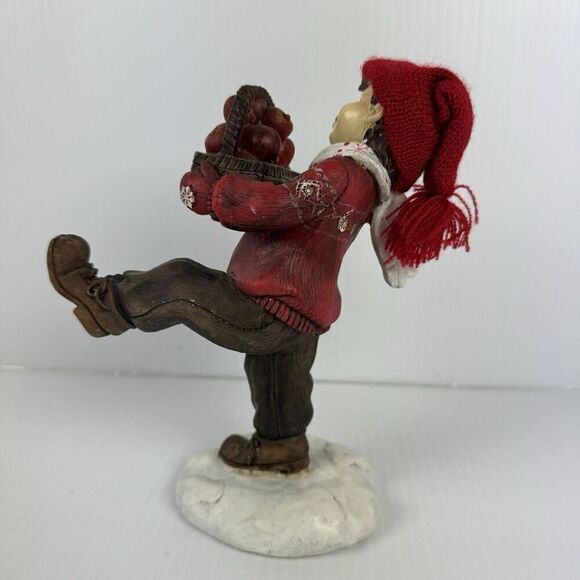 Vintage Boy Carrying Apple Basket Rare Statue Winter Hat Scarf Red Figurine - Picture 3 of 12